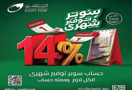 البريد المصري يطلق حساب “سوبر توفير” بفائدة 14٪ تضاف شهريًا