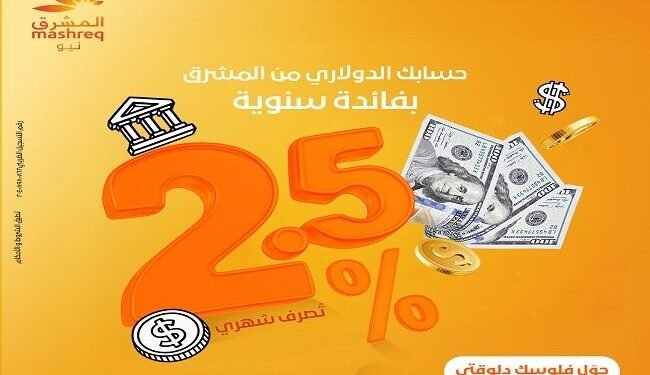 بنك المشرق مصر يطرح “المشرق نيو الجاري” بالدولار بفائدة 2.5% يومياً