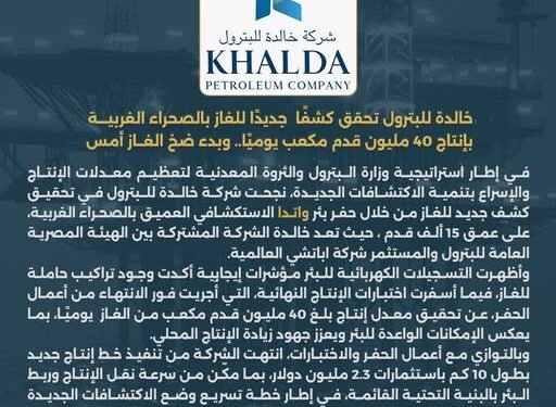 خالدة للبترول تحقق كشفًا جديدًا للغاز بالصحراء الغربية بإنتاج 40 مليون قدم مكعب يوميًا